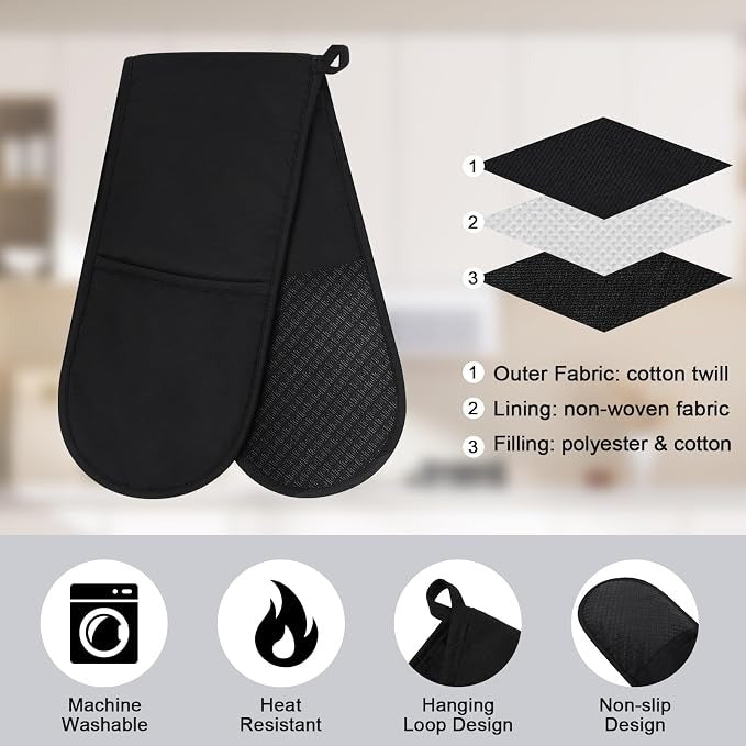 Double Oven Mitts (Heat Resistant up to 260°C) – Extra Long Waterproof Kitchen Gloves with Non-Slip Silicone Grip for Baking & BBQ