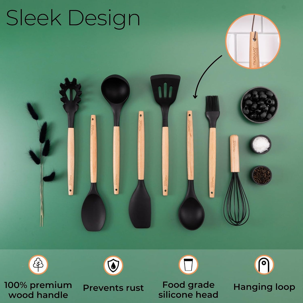 35-Piece Non-Stick Silicone Cooking Utensils Set with Wooden Handles – Heat Resistant Spatula, Ladle, Tongs & Holder Set