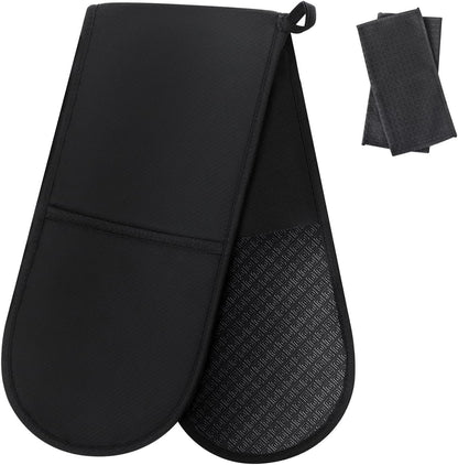 Double Oven Mitts (Heat Resistant up to 260°C) – Extra Long Waterproof Kitchen Gloves with Non-Slip Silicone Grip for Baking & BBQ
