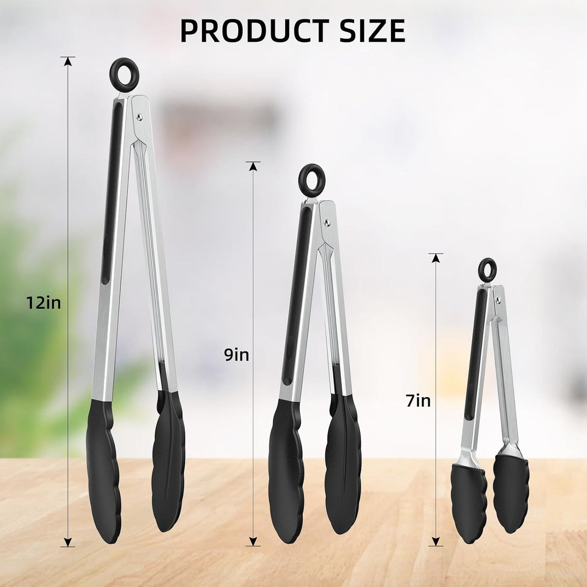 3-Pack Stainless Steel Kitchen Cooking Tongs Set (7", 9", 12") – Non-Slip Silicone Tips Locking Food Tongs for BBQ, Grilling & Serving