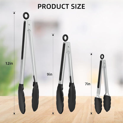 3-Pack Stainless Steel Kitchen Cooking Tongs Set (7", 9", 12") – Non-Slip Silicone Tips Locking Food Tongs for BBQ, Grilling & Serving
