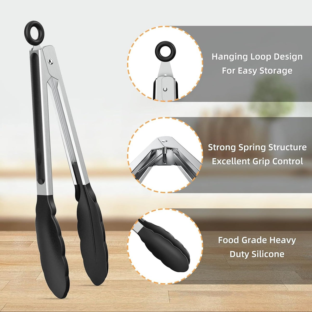 3-Pack Stainless Steel Kitchen Cooking Tongs Set (7", 9", 12") – Non-Slip Silicone Tips Locking Food Tongs for BBQ, Grilling & Serving