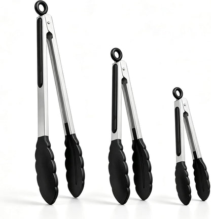 3-Pack Stainless Steel Kitchen Cooking Tongs Set (7", 9", 12") – Non-Slip Silicone Tips Locking Food Tongs for BBQ, Grilling & Serving