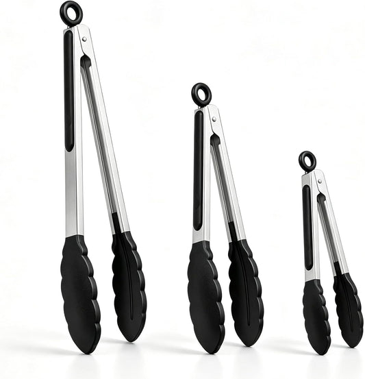 3-Pack Stainless Steel Kitchen Cooking Tongs Set (7", 9", 12") – Non-Slip Silicone Tips Locking Food Tongs for BBQ, Grilling & Serving