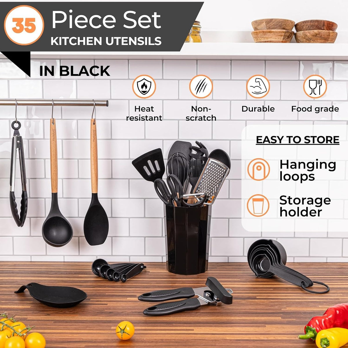 35-Piece Non-Stick Silicone Cooking Utensils Set with Wooden Handles – Heat Resistant Spatula, Ladle, Tongs & Holder Set