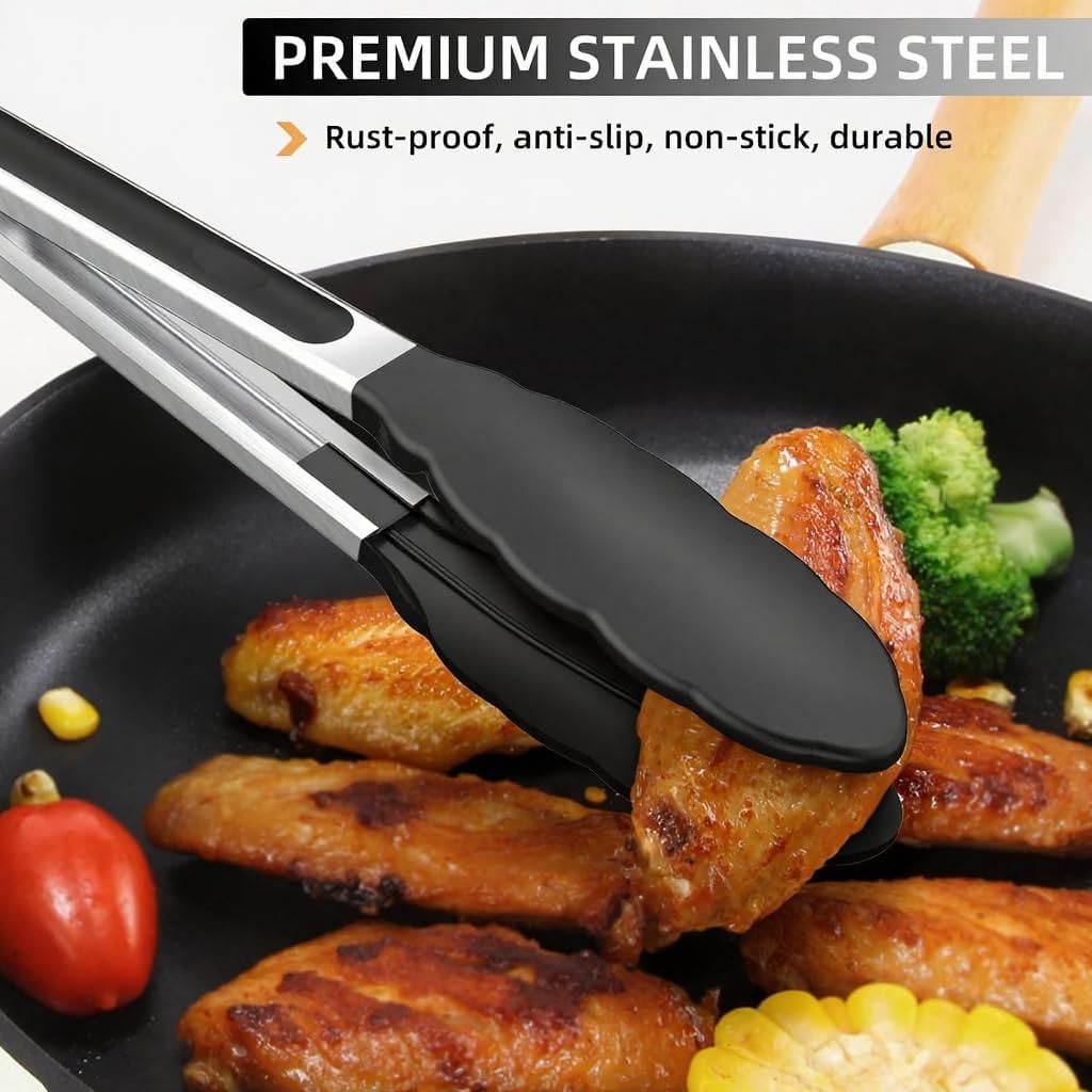 3-Pack Stainless Steel Kitchen Cooking Tongs Set (7", 9", 12") – Non-Slip Silicone Tips Locking Food Tongs for BBQ, Grilling & Serving