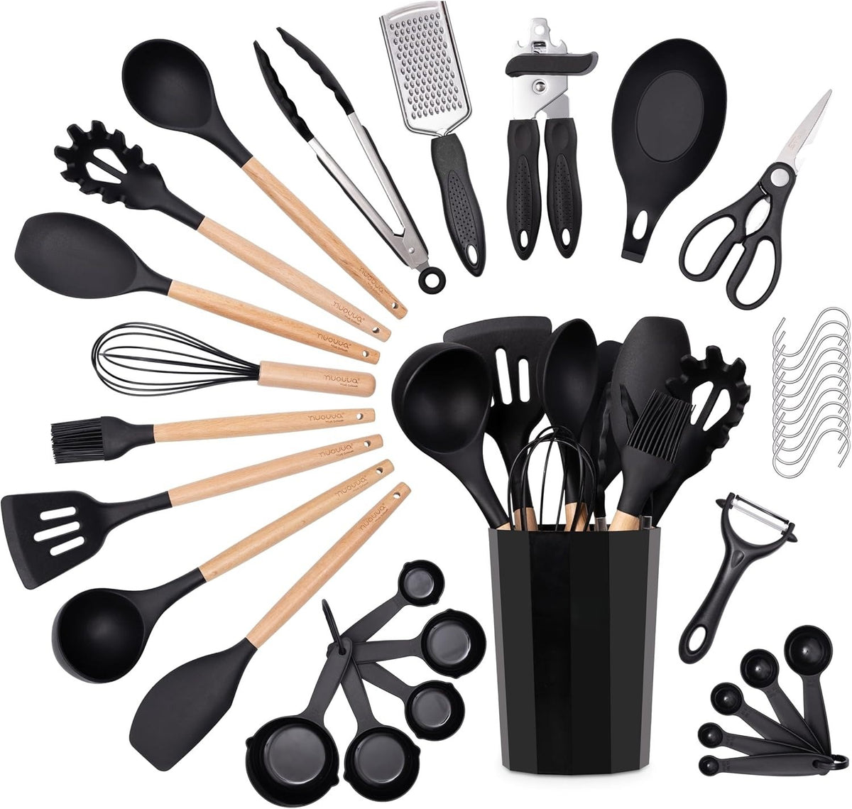 35-Piece Non-Stick Silicone Cooking Utensils Set with Wooden Handles – Heat Resistant Spatula, Ladle, Tongs & Holder Set