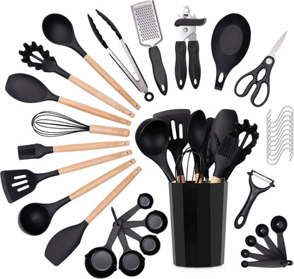 35-Piece Non-Stick Silicone Cooking Utensils Set with Wooden Handles – Heat Resistant Spatula, Ladle, Tongs & Holder Set